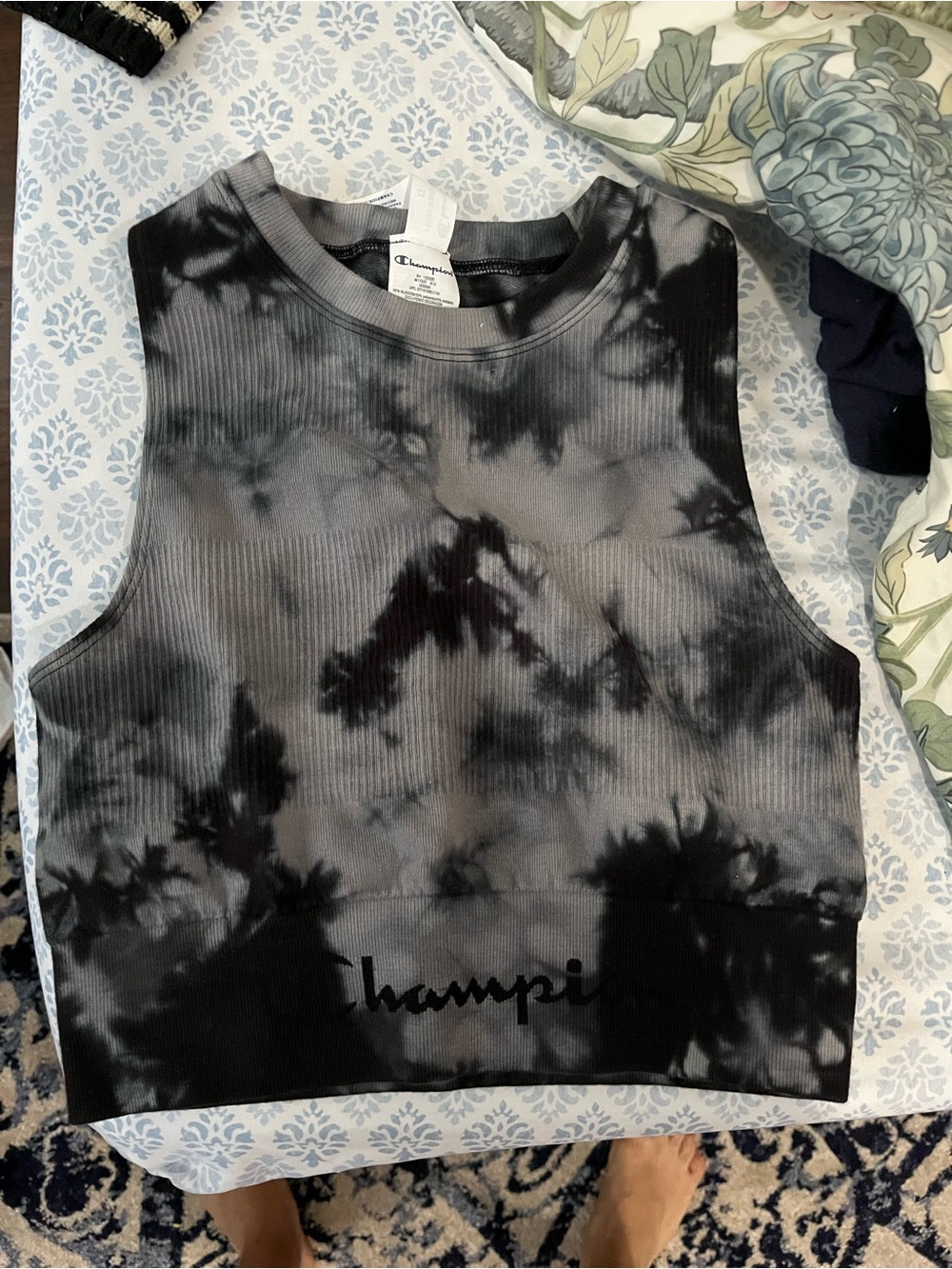 Champion Black & Gray Tie-Dye Ribbed Crop Tank